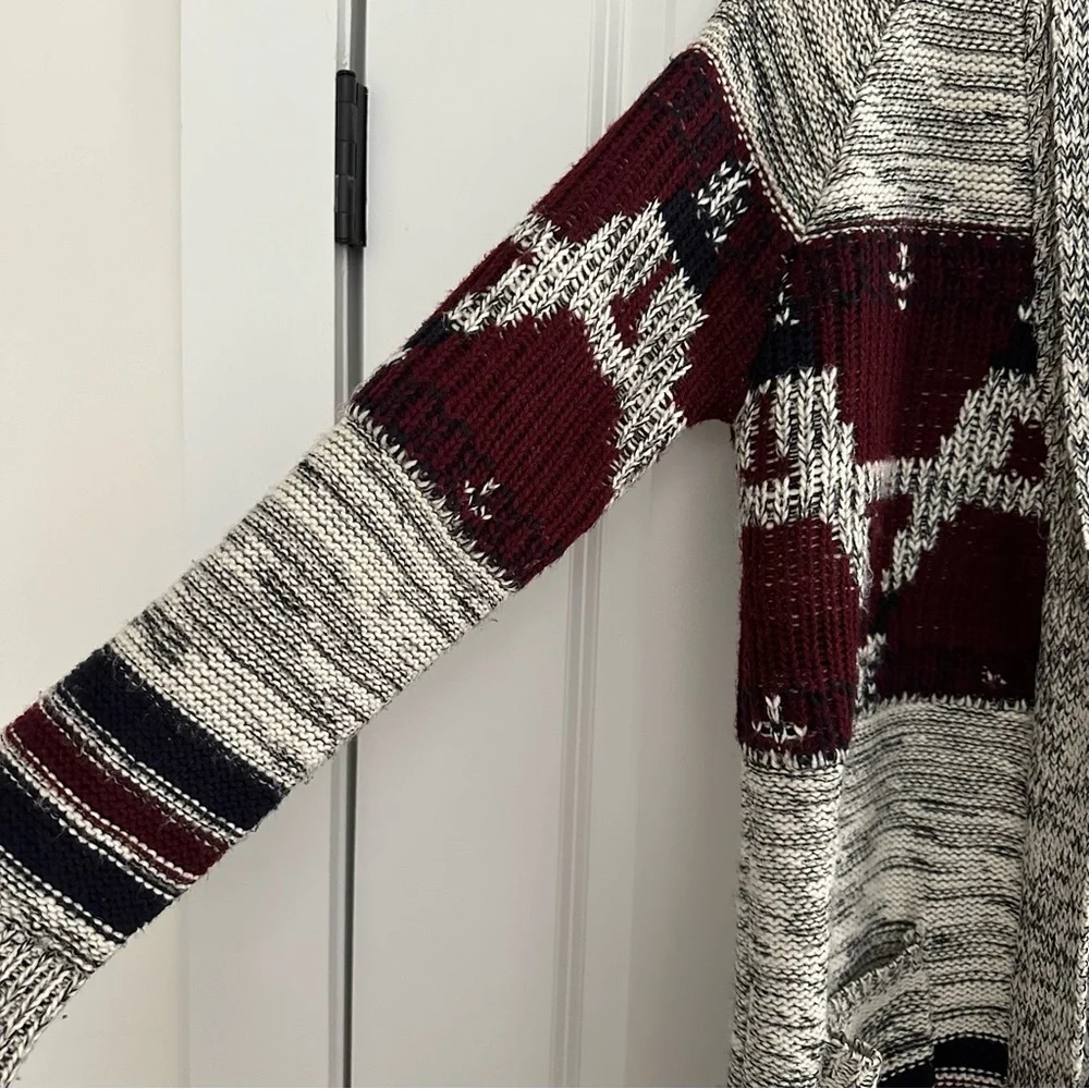 Fair Isle Fall Grey & Burgundy Open Front Oversized Cardigan Sweater